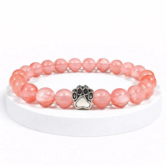 Bracelet Peche Pattes de Secours — perles quartz cerise, breloque patte